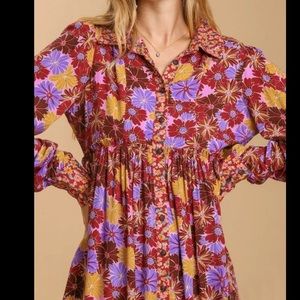 NWT Umgee Burgundy Floral Button Down Dress